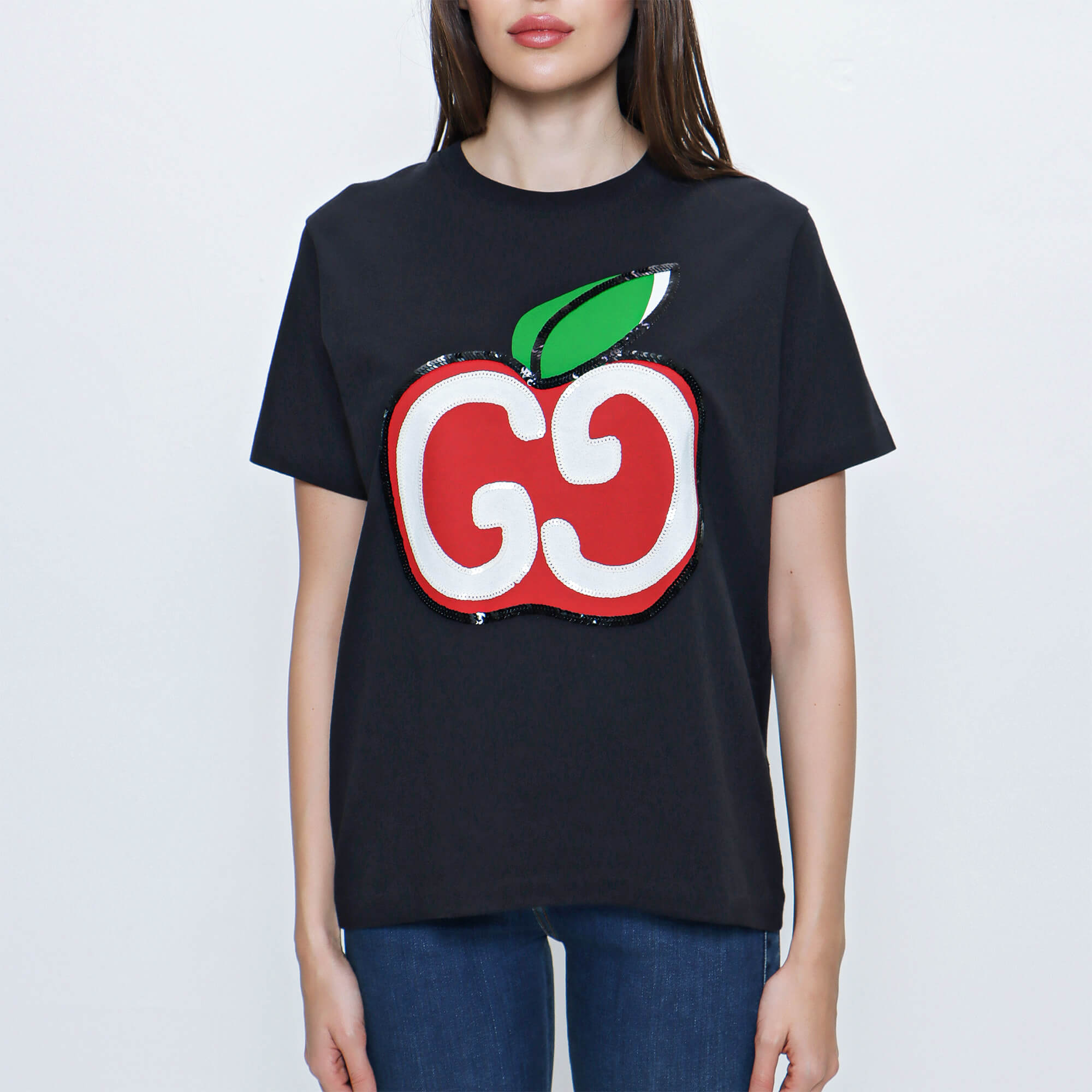 Gucci - Black Cotton Apple Print And Sequin T-shirt 
